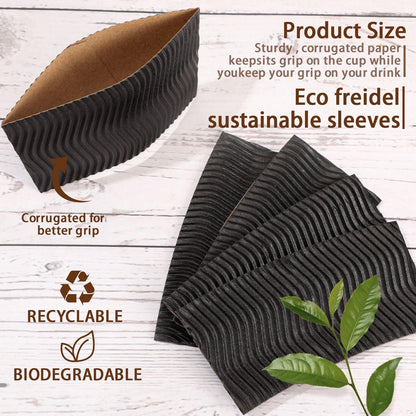 Patelai 100 Pcs Black Disposable Coffee Cup Sleeves for Hot Drinks Wavy Pattern Paper Corrugated Cup Sleeves for Heat Insulation Fits 12, 16, 20, 22, 24 oz Cold Bulk Jacket Holder