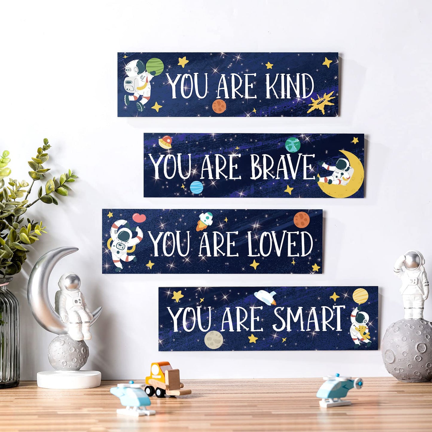 Yookeer 4 Pcs Space Room Decor for Kids Boys Outer Space Wall Art Bedroom Decor for Nursery Classroom Astronaut Galaxy Posters Spaceman Wood Sign Be Brave and Be Kind for Baby Boy(You)