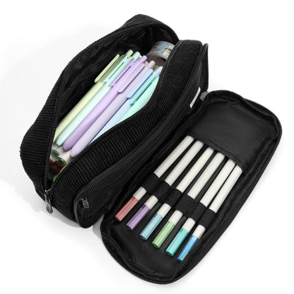 SUNEE Pencil Case, Large Capacity Pencil Pouch, Aesthetic Big Pen Bag, Soft Corduroy Pen Box for Office Stationery Organizer School Supplies Multifunctional for Teen Boys Girls Women Men, Jet Black