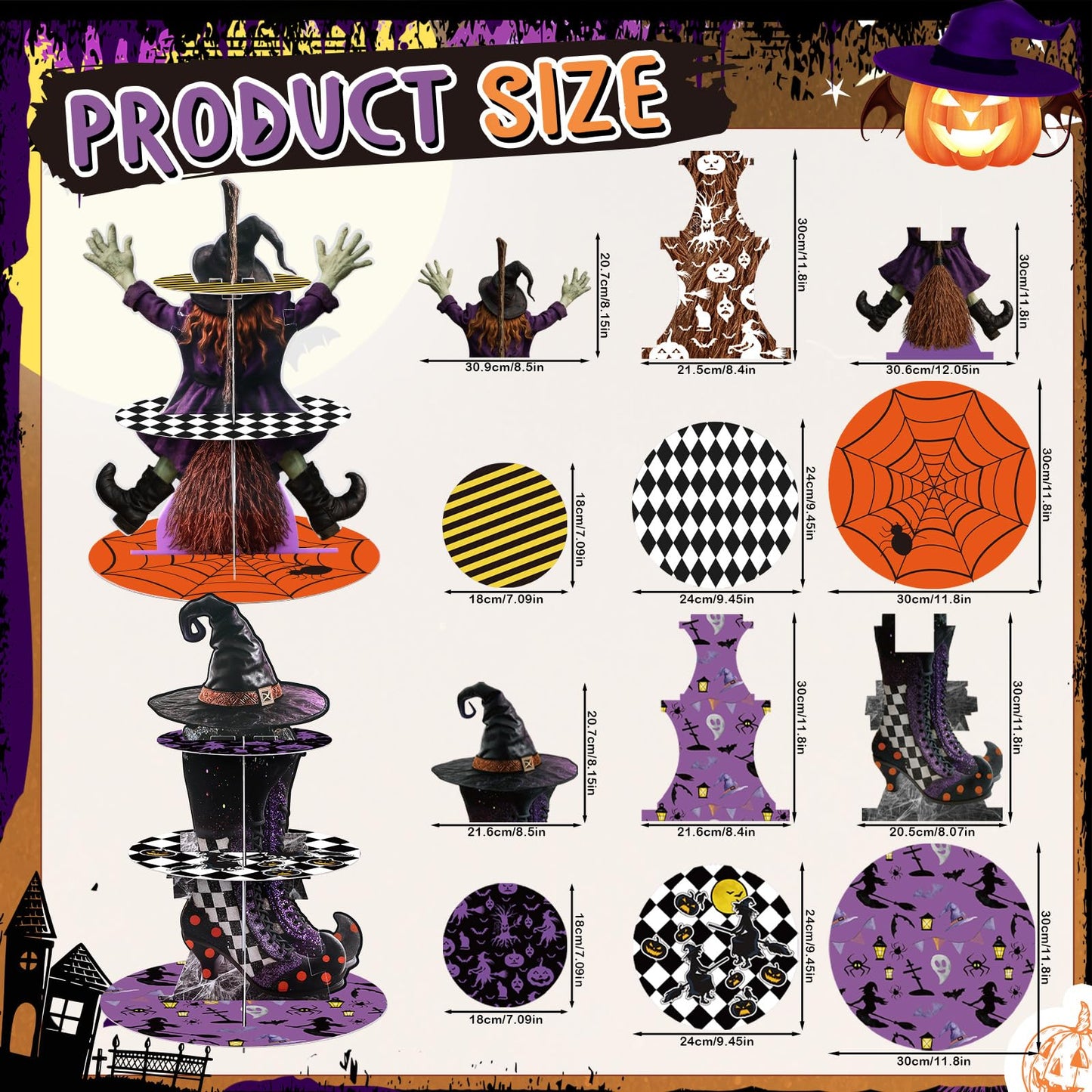 LemonRoad 2 Pcs Halloween Cupcake Stand Decoration Halloween Party Supplies 3 Tier Cardboard Cake Holder Witch Party Cupcake Tower for Treat Birthday Dessert Favors Carnival (Mixed)