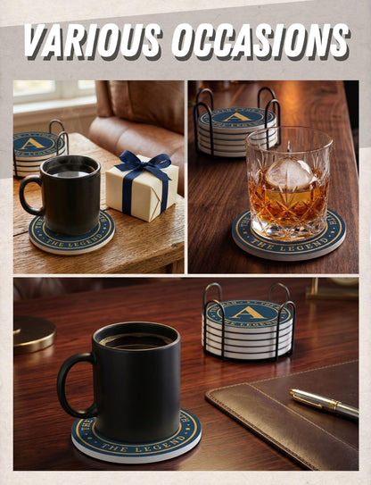 Onebttl Monogram Initial Gifts for Men - The Man The Myth The Legend Ceramic Coaster Set of 6 - with Holder and Absorbent Cork Base - B