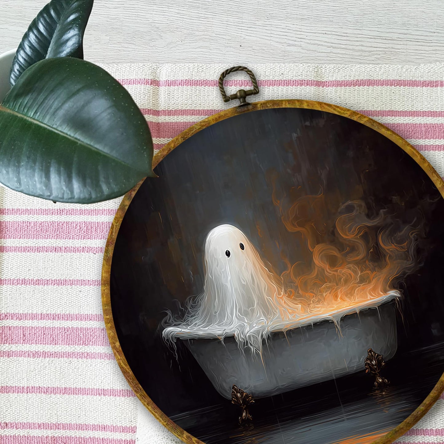 Mcehtle Halloween Ghost Bathroom Wall Art Decor, Whimsical Dark Academia Gothic Home Framed Canvas Prints 8.6x11.4, Spooky Black Halloween Round Wall Hanging Artwork Decorations for Toilet Bathroom