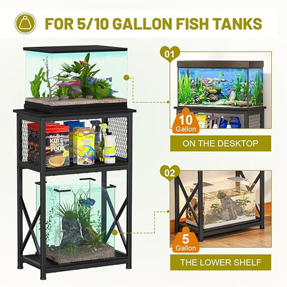 Snughome 10 Gallon Aquarium Stand with Storage, 3 Tier Heavy Metal Fish Tank Stand Shelf 20.47" x 11.42" x 30.91", Black