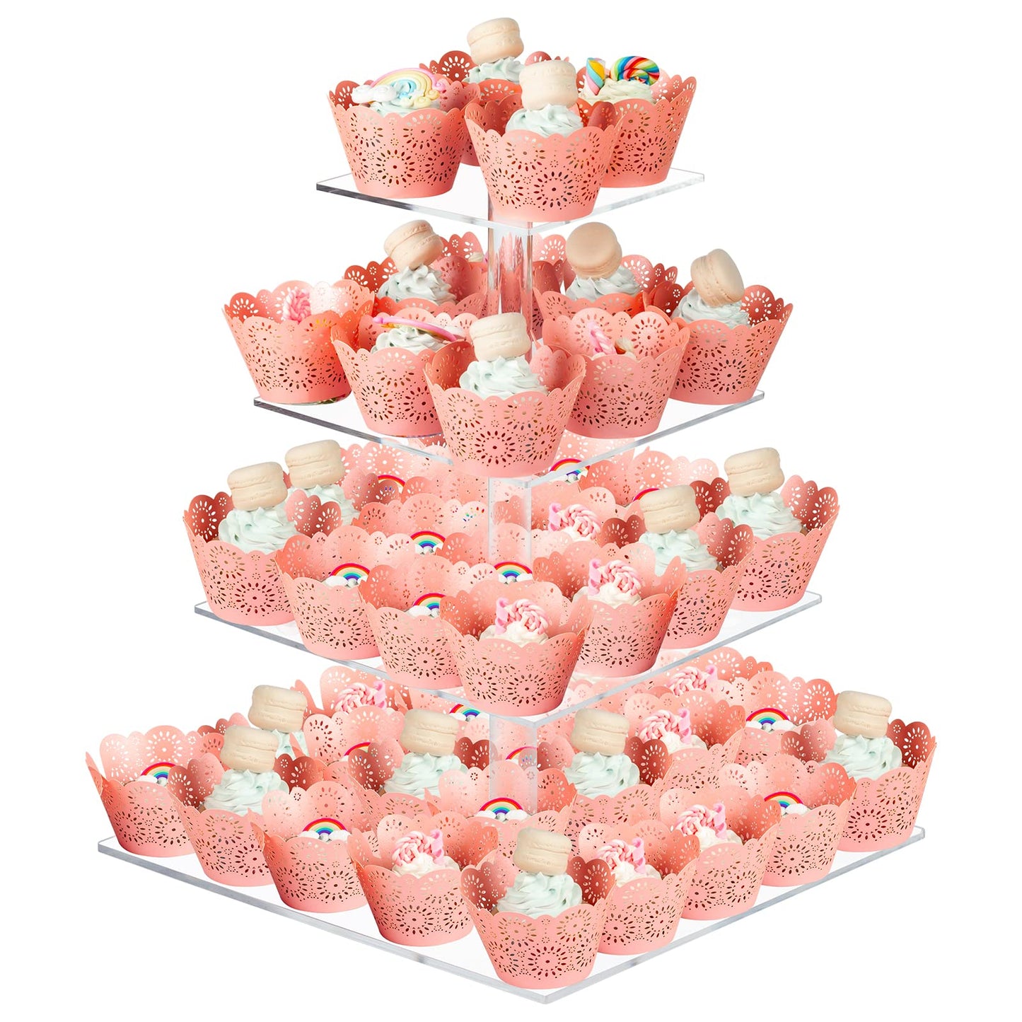 Cupcake Stand, 4 Tier Square Acrylic Cupcake Display Stand Holder, Clear Dessert Pastry Tower for Wedding, Birthday, Theme Party, Baby Shower