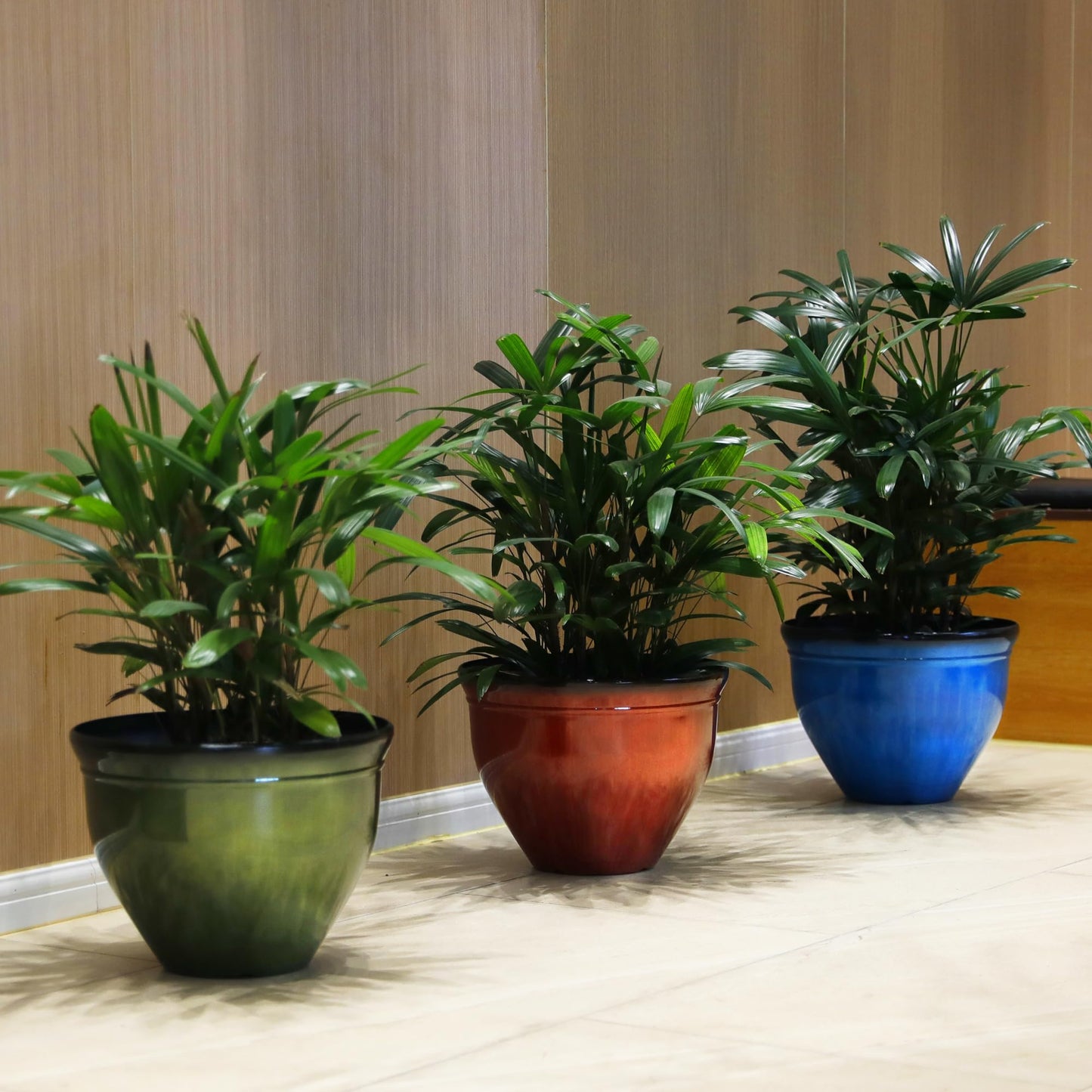 Worth Garden 12-Inch Dia. Round Blue Plastic Planters with Drain Holes, 9.5-Inch Height - 4-Pack Glossy Finish Bell-Shaped Plant Pot – Lightweight Indoor/Outdoor Flower Pots