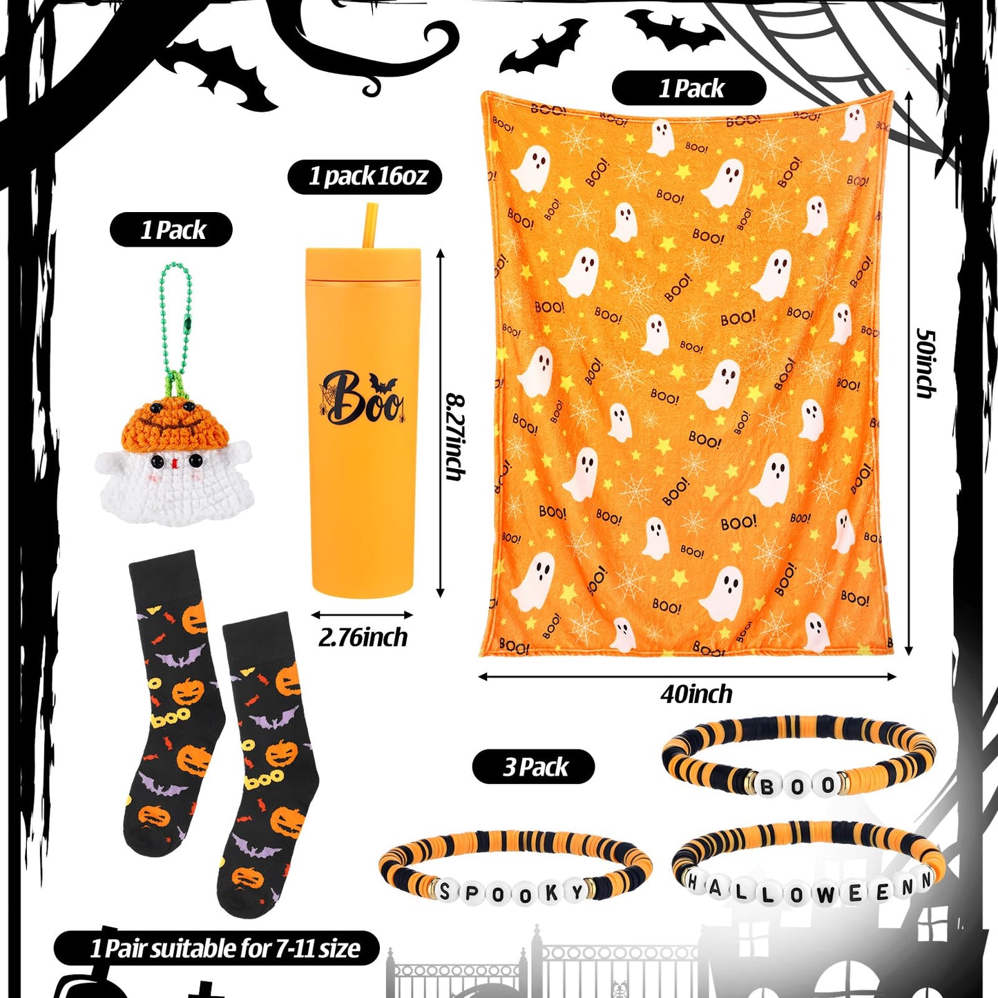 Meanplan 7 Pack Halloween Boo Basket Stuffers Halloween Gifts for Women Orange Basket Stuffer Includes 12oz Orange Acrylic Ghost Tumbler Velvet Blanket Crochet Ghost Keychain Socks for Family