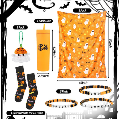 Meanplan 7 Pack Halloween Boo Basket Stuffers Halloween Gifts for Women Orange Basket Stuffer Includes 12oz Orange Acrylic Ghost Tumbler Velvet Blanket Crochet Ghost Keychain Socks for Family