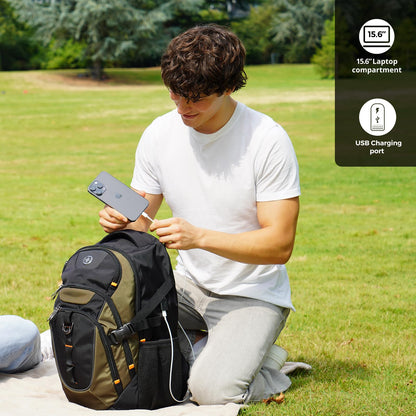 Swissdigital Design Laptop Backpack with USB Charging Port, Travel Backpack Fits 15.6 inches Computer, 31L College School Backpack for Men, Olive/Black | SD803-26