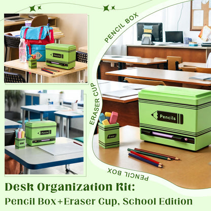 Gueevin 2pcs Pencil Dispenser for Classroom, Fun Desk Organizer with Eraser Holder, Interactive Pencil Storage for Teachers, Students & Homeschool Desk Organizer, Back to School Supplies(Green)