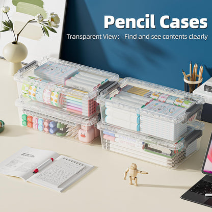 BiuLeon 4 Pack Extra Large Pencil Box, Plastic Pencil Case Organizer, Clear Crayon Box Marker Organizer, Stackable Craft Organizers and Storage for Pen, Craft, Art Supply(Grey)