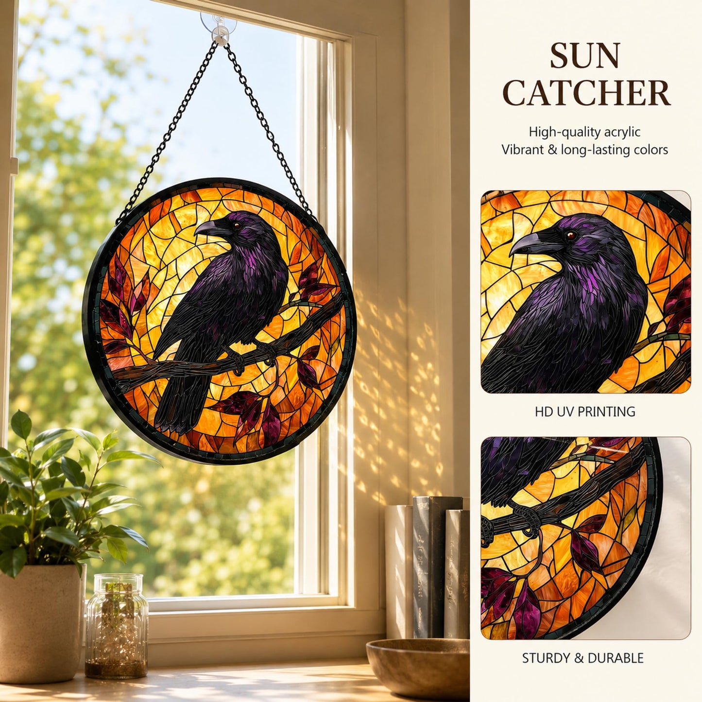 Halloween Gothic Crow Sun Catchers Indoor Window Acrylic Suncatcher 9.8"