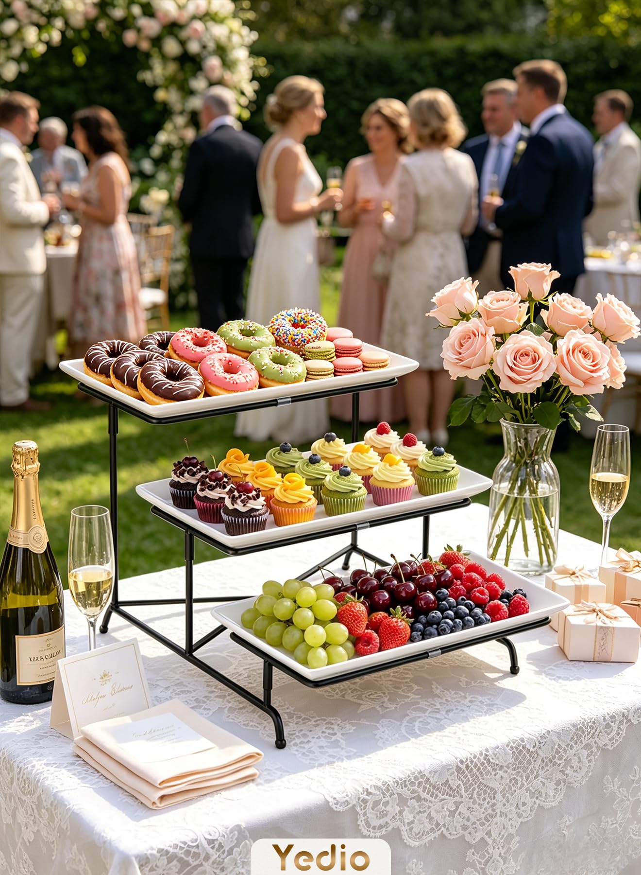 Yedio 3 Tier Serving Trays for Party, Porcelain Serving Platters and Trays, 12 Inch Tiered Tray Stand, Fruit Tray, Trays for Serving Food, White Dessert Stand with Collapsible Sturdier Metal Rack