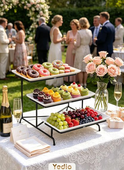 Yedio 3 Tier Serving Trays for Party, Porcelain Serving Platters and Trays, 12 Inch Tiered Tray Stand, Fruit Tray, Trays for Serving Food, White Dessert Stand with Collapsible Sturdier Metal Rack
