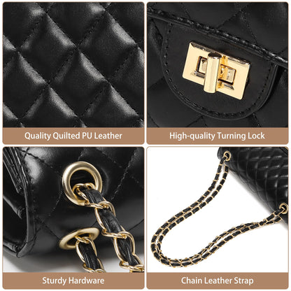 Quilted Crossbody Purse for Women Trendy Ladies Shoulder Bag with Chain Strap PU Leather Cross Body Bags Satchel HandBag,Black