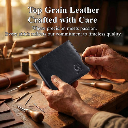 Golnestyn RFID Blocking Leather Wallets for Men, Men's Top Grain Leather Bifold Wallet with 9 Card Slots, 2 ID Windows, Slim Non Bulky Durable Wallet for Travel & Business Gift (Black)
