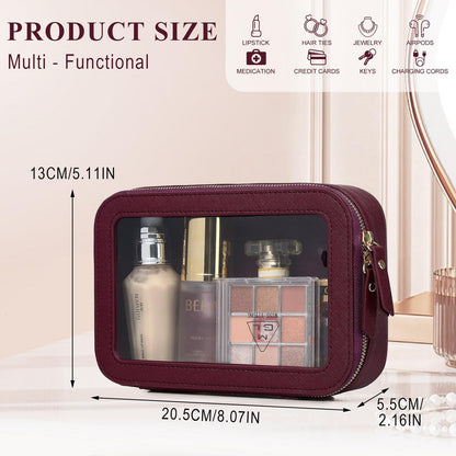 LOFOWN Clear Makeup Bag Small Cosmetic & Toiletry Bag Waterproof Travel Case Women's Pouch Organizer Makeup Bag for Car with Zipper (Burgundy, Small)