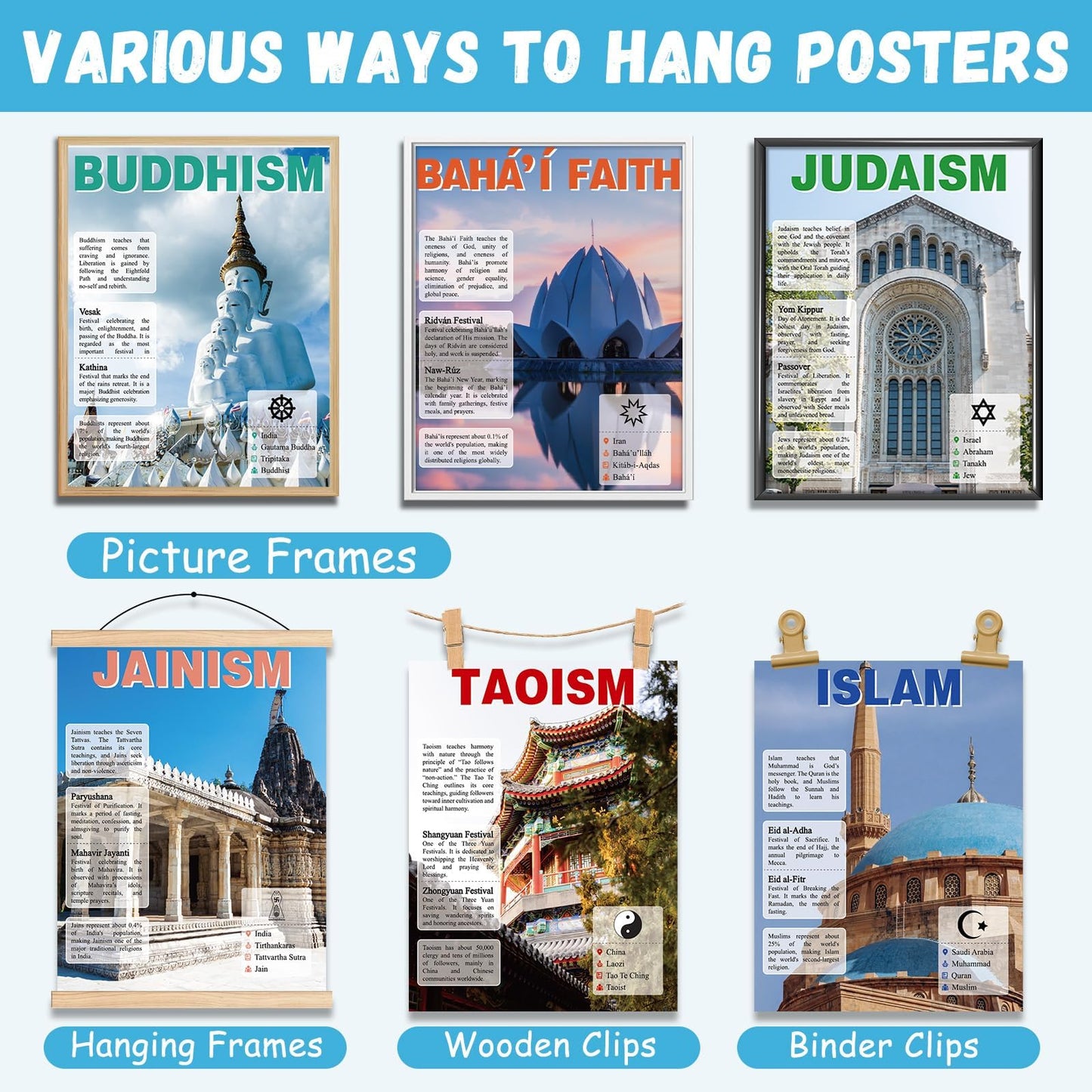 12Pcs World Religious Posters Educational Social Studies Classroom Decoration The Golden Rule Posters Cultural Diversity Wall Art Prints for Students Teacher Middle High School Library Homeschool