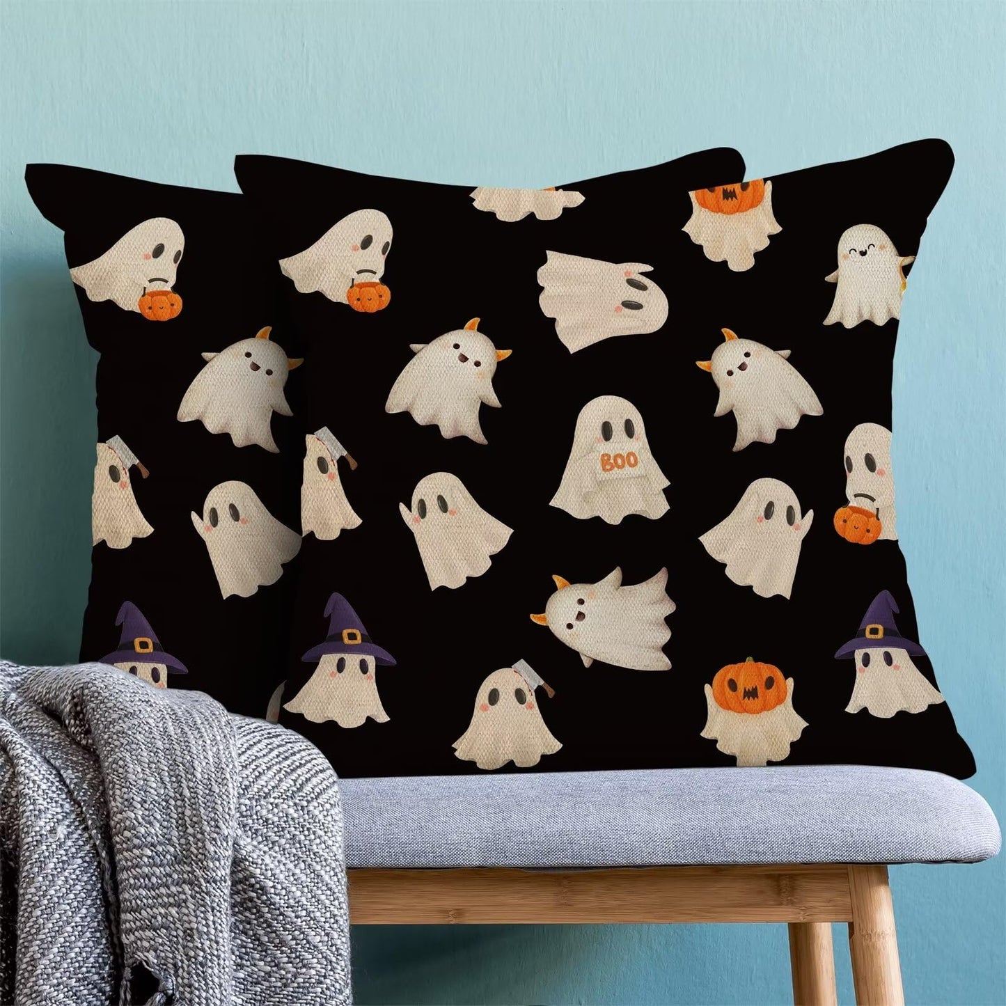 Jecuwo Halloween Pillow Covers 16x16 Inch Set of 2, Happy Halloween Funny Ghost Pumpkin Decorative Throw Pillowcase Black and White Ghost Cushion Cover for Sofa Couch Living Room Bed Decor