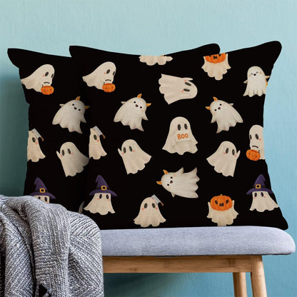 Jecuwo Halloween Pillow Covers 16x16 Inch Set of 2, Happy Halloween Funny Ghost Pumpkin Decorative Throw Pillowcase Black and White Ghost Cushion Cover for Sofa Couch Living Room Bed Decor
