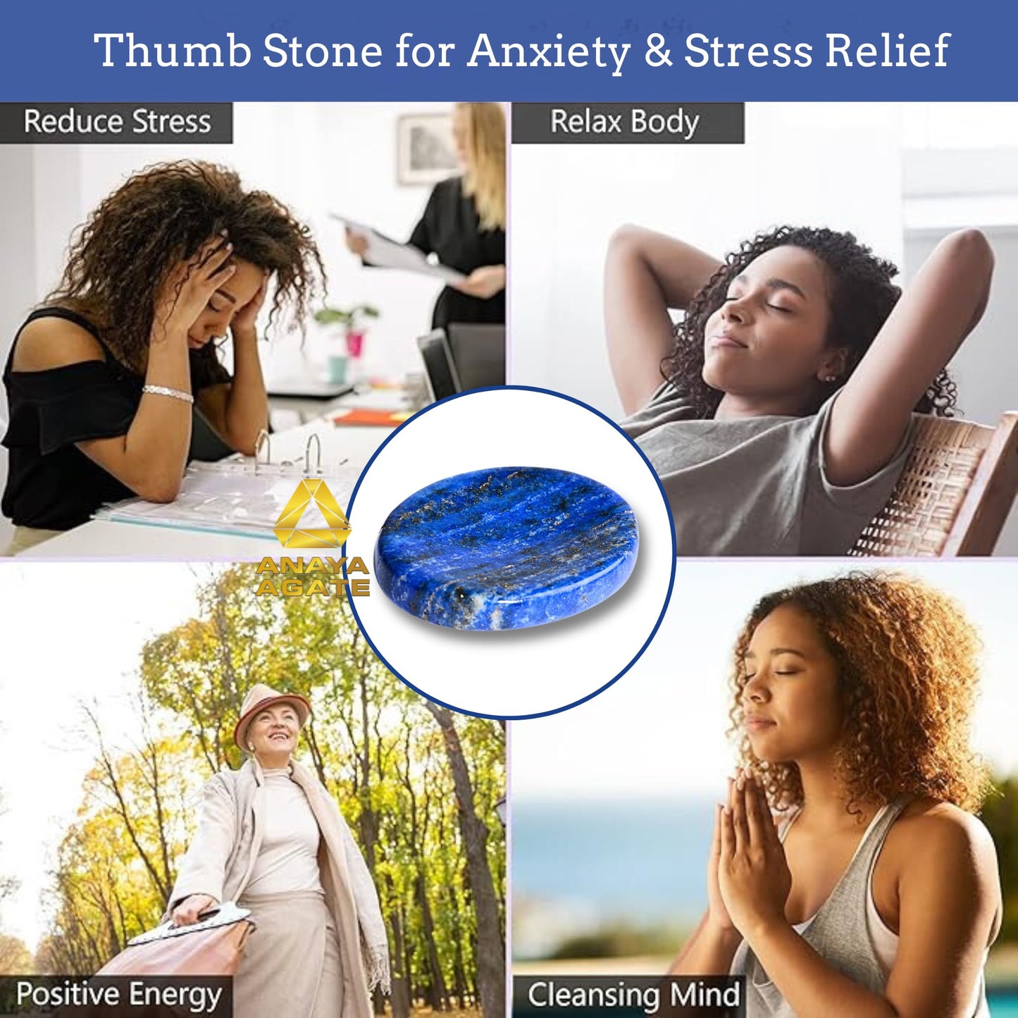 Anaya Agate Lapis Lazuli Worry Stones Certified Crystal Thumb Worry Stone for Anguish, Relaxing and Soothing Balance Stones for Meditation, Stress Relief Crystals and Healing Stones for Men, Women