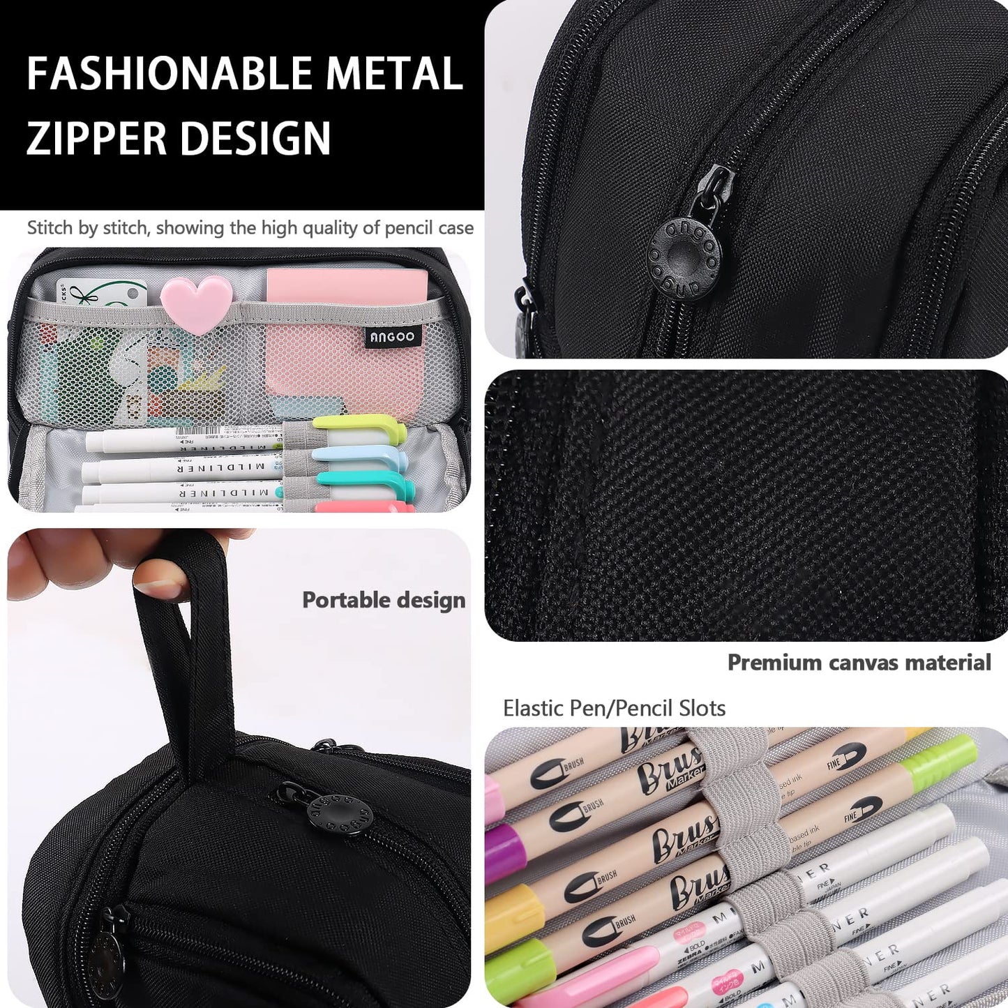 MAMUNU Large Capacity Pencil Case 4 Compartments, Pencil Pouch Bag with Zipper Portable Handle, Pen Case Bag Stationery Organizer for Office College School Adults Teen Girls Boys Men Women, Black