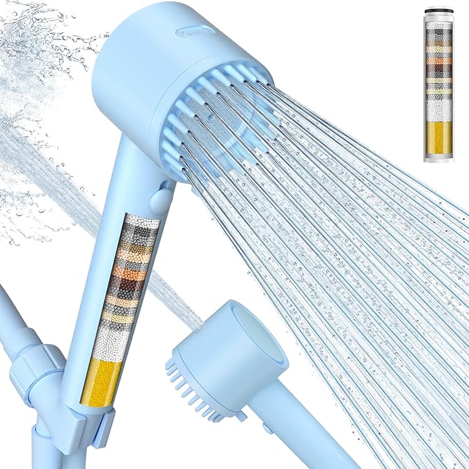 Cobbe Filtered Shower Head with Handheld, 5-mode Showerhead with Filters, Built-in Power Wash for Hard Water - Remove Chlorine - Reduces Dry Itchy Skin, Blue
