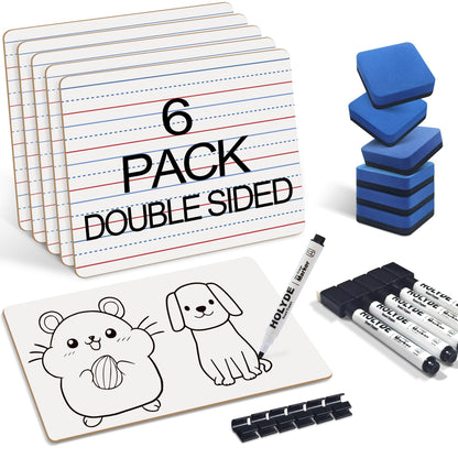 Dry Erase Boards 6 Pack, Double Sided Small Whiteboards with Lines for Kids, Students, Teacher & Classroom Pack, 9"x12" Mini Individual White Boards Lined for Writing Math English Practice