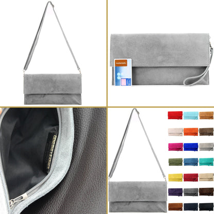 modamoda de - T151 - Italian clutch evening bag made of suede (Black)