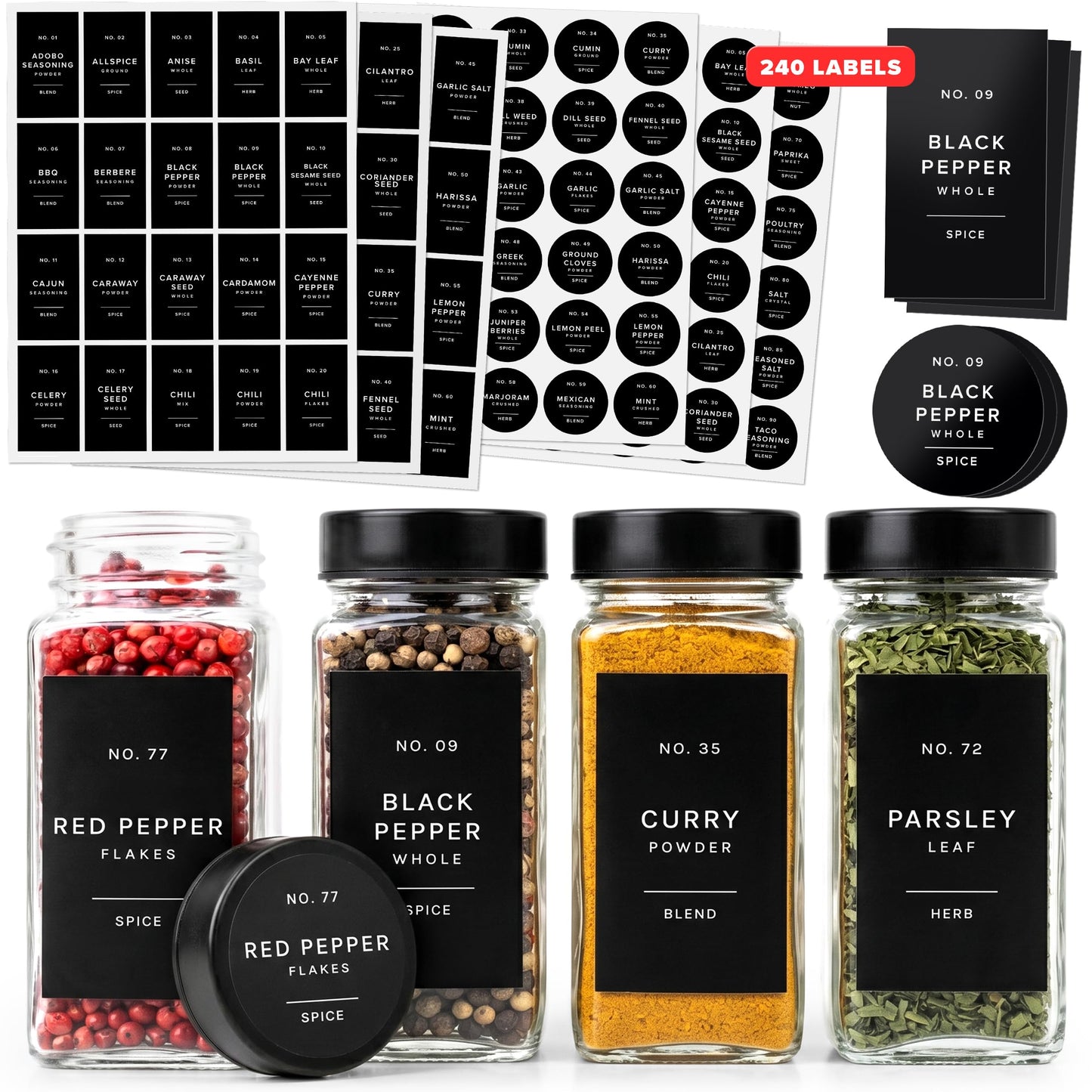 Minimalist Spice Jar Labels Self-Adhesive - 240 Stickers for Spice Jars, Spice Jars & Drawers, Round & Rectangular, Waterproof Spice Organiser Labels for Kitchen Organisation (Black)