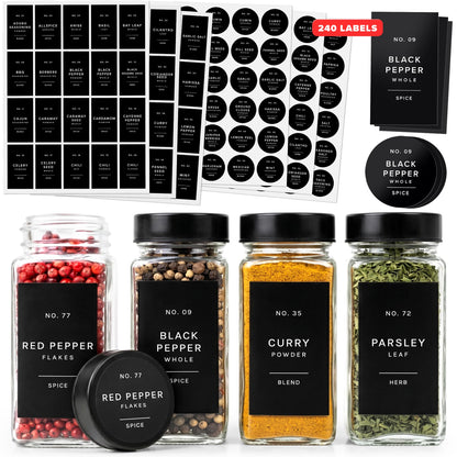 Minimalist Spice Jar Labels Self-Adhesive - 240 Stickers for Spice Jars, Spice Jars & Drawers, Round & Rectangular, Waterproof Spice Organiser Labels for Kitchen Organisation (Black)