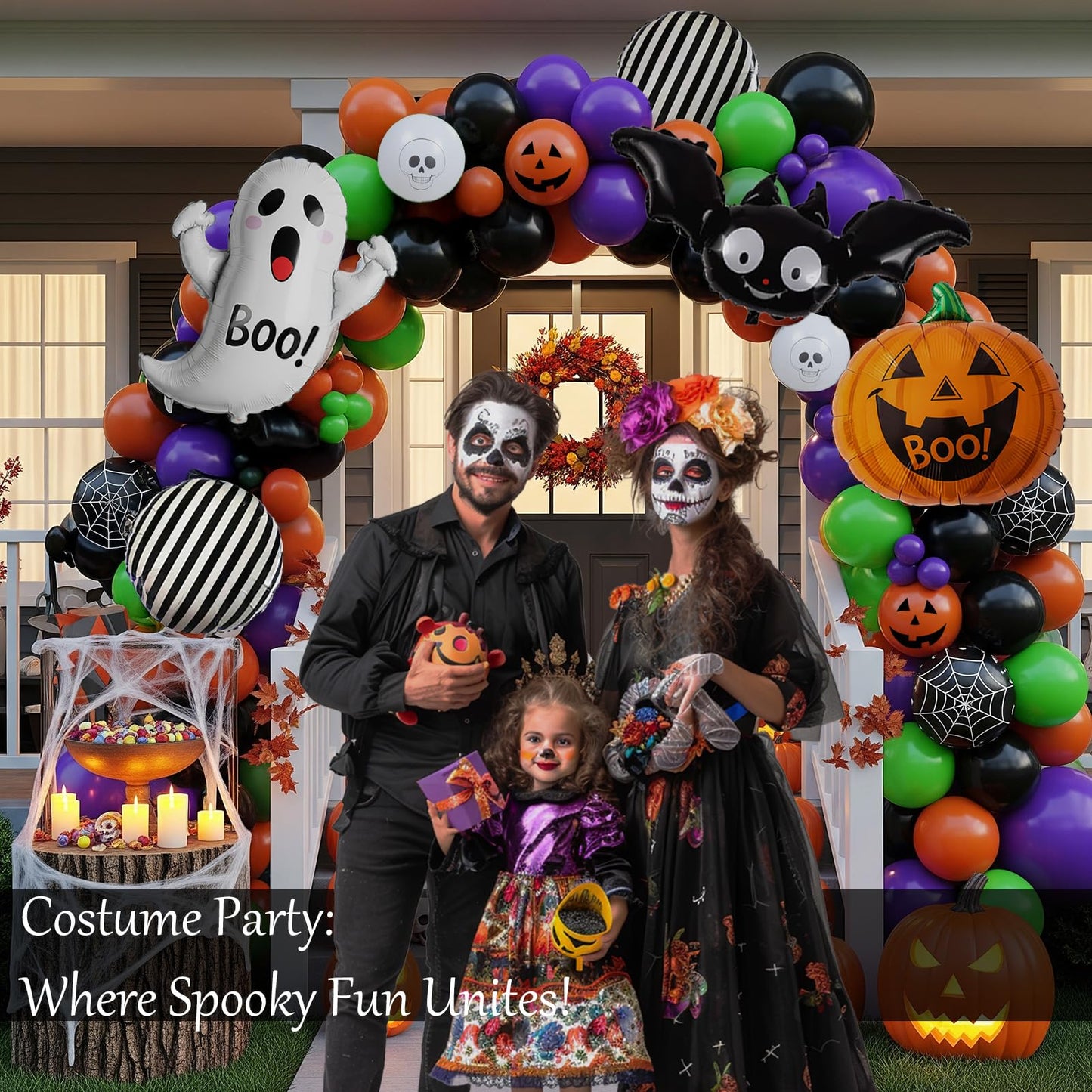 Halloween Party Decorations with Orange Black Green Purple Garland Balloon arch & Spider Web Bat Ghost Pumpkin Stripes Foil Balloons for one spooky dude 1st Horror Night Birthday Supplies