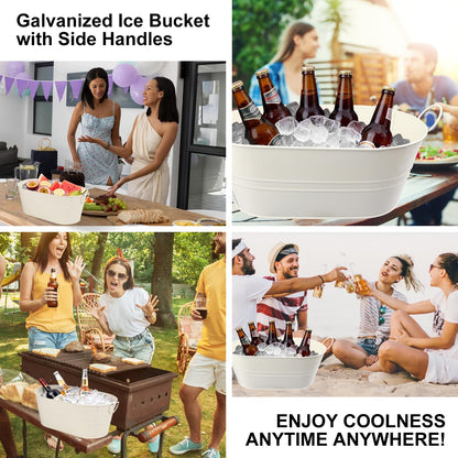 Yiksonyo 3 PCS 15.3 x 9 x 6 inches White Metal Galvanized Tub with Iron Handles, 3 Gallon Beverage Tubs for Parties, Large Ice Buckets for Beer, Wine, Cocktails & Outdoor Events