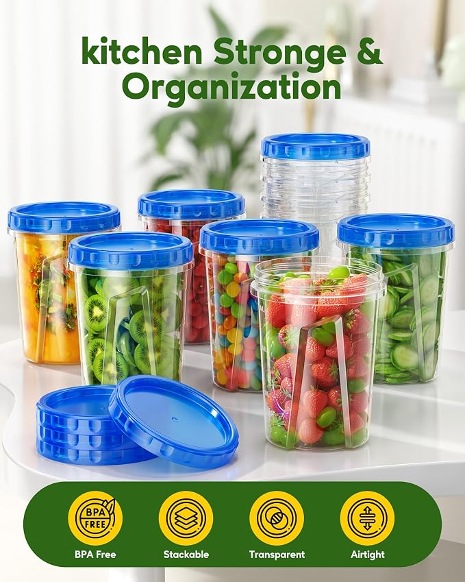 Canfanni 10 Pack-33oz Freezer Storage Containers Set, Plastic Food Storage Containers with Twist Top Lids, BPA Free Stackable Soup Containers for Overnight Oats/Salad/Leftover/Soup/Ice Cream