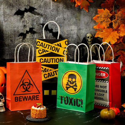 TaoBary 24 Pcs Halloween Biohazard Treat Bags Spooky Halloween Caution Gift Bags with Handles Beware of Danger Zombie Theme Horror Party Favors for Candy Goodie Snacks Holiday Party Supplies