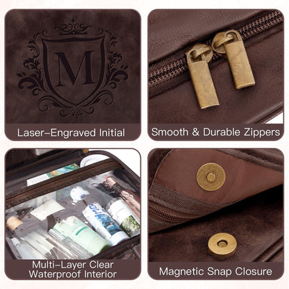 Aganmi Personalized Hanging Toiletry Bag Travel Gifts for Men Him, 3-in-1 Large Laser-Engraved Initial Waterproof PU Leather Shaving Bag Valentines Birthday Gift for Men Dad Husband Dark Brown M