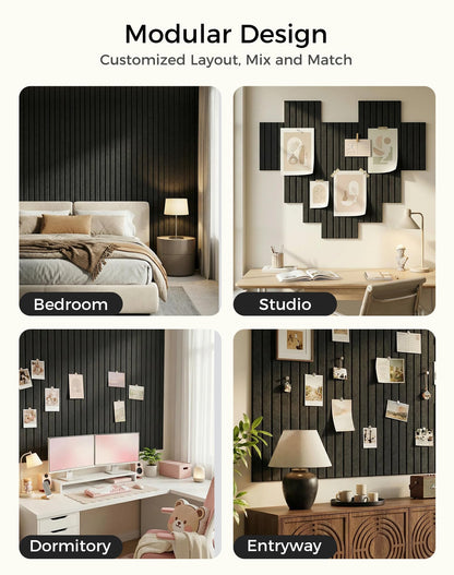 Aothia 12-Pack Felt Bulletin Board Tiles 48"x36", Modular Pin Board for Smooth Walls, Cork Board Alternative for Notes & Photos, 0.35" Thick, 70 Adhesive Tabs & 40 Pins, Black