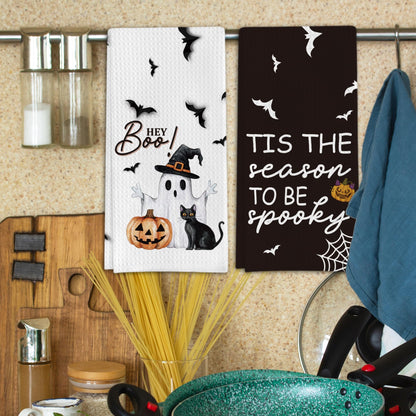 Foggolight Ghost Pumpkins Bats Cat Hey Boo Halloween Waffle Weave Kitchen Towels, 16x24 Inches