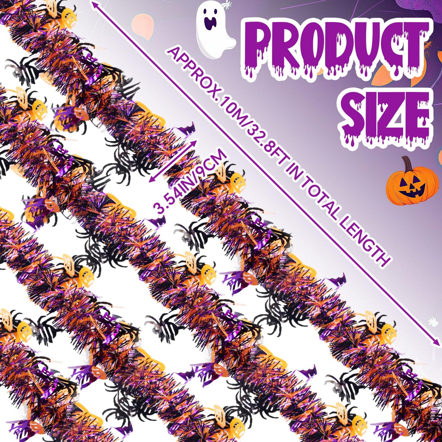 Suncalla 33ft Halloween Tinsel Garland Decor with Funny Pumpkin Black Spider Purple Bats Metallic Twist Garland Wire Hanging Decorations for Home Tree Fireplace Mantle Indoor Outdoor Party