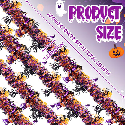 Suncalla 33ft Halloween Tinsel Garland Decor with Funny Pumpkin Black Spider Purple Bats Metallic Twist Garland Wire Hanging Decorations for Home Tree Fireplace Mantle Indoor Outdoor Party
