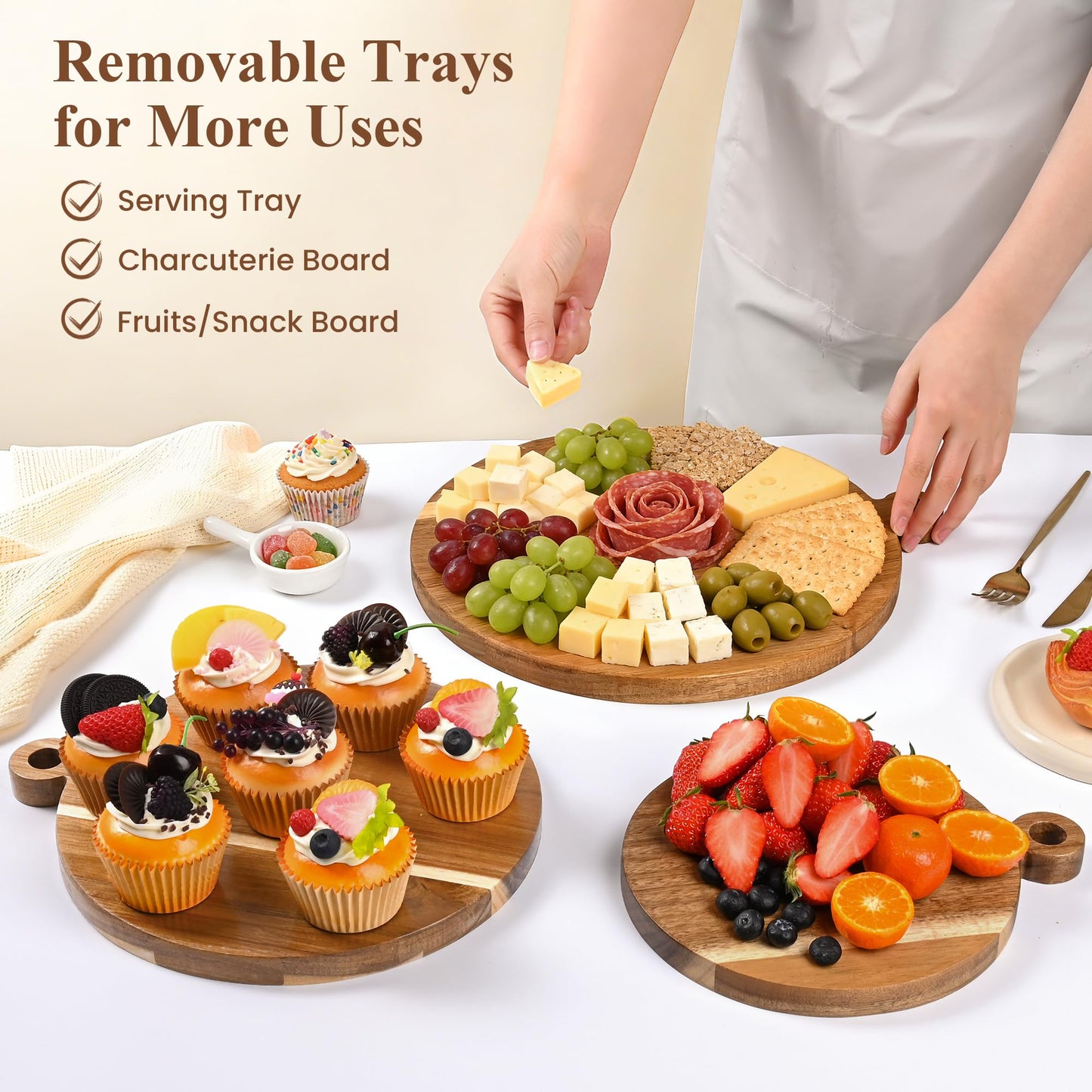 LOVYANXUE Acacia Wooden Cupcake Stand, 3 Tier Round Cake Stand 360° Rotatable Cupcake Tower with Tiered Serving Tray, Wood Dessert Table Display Set, Tiered Tray Stand for Party, Wedding (12/10/8 IN)