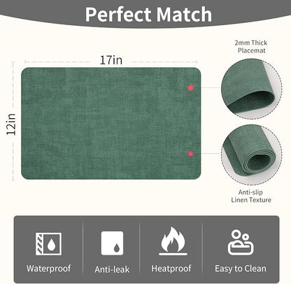 Maxpearl Faux Leather Placemats Set of 4 - Waterproof - Wipe Clean - Heat Resistant - Anti Slip Dining Table Place Mats, Suitable for Indoor & Outdoor Use, 17’’×12’’, Dark Green