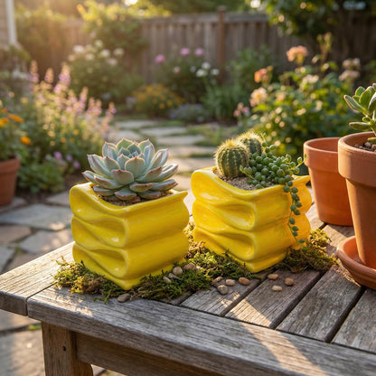 MyGift 4-Inch Yellow Ceramic Mini Succulent Plant Pot, Modern Decorative Planters with Candy Ribbon Design, Set of 2
