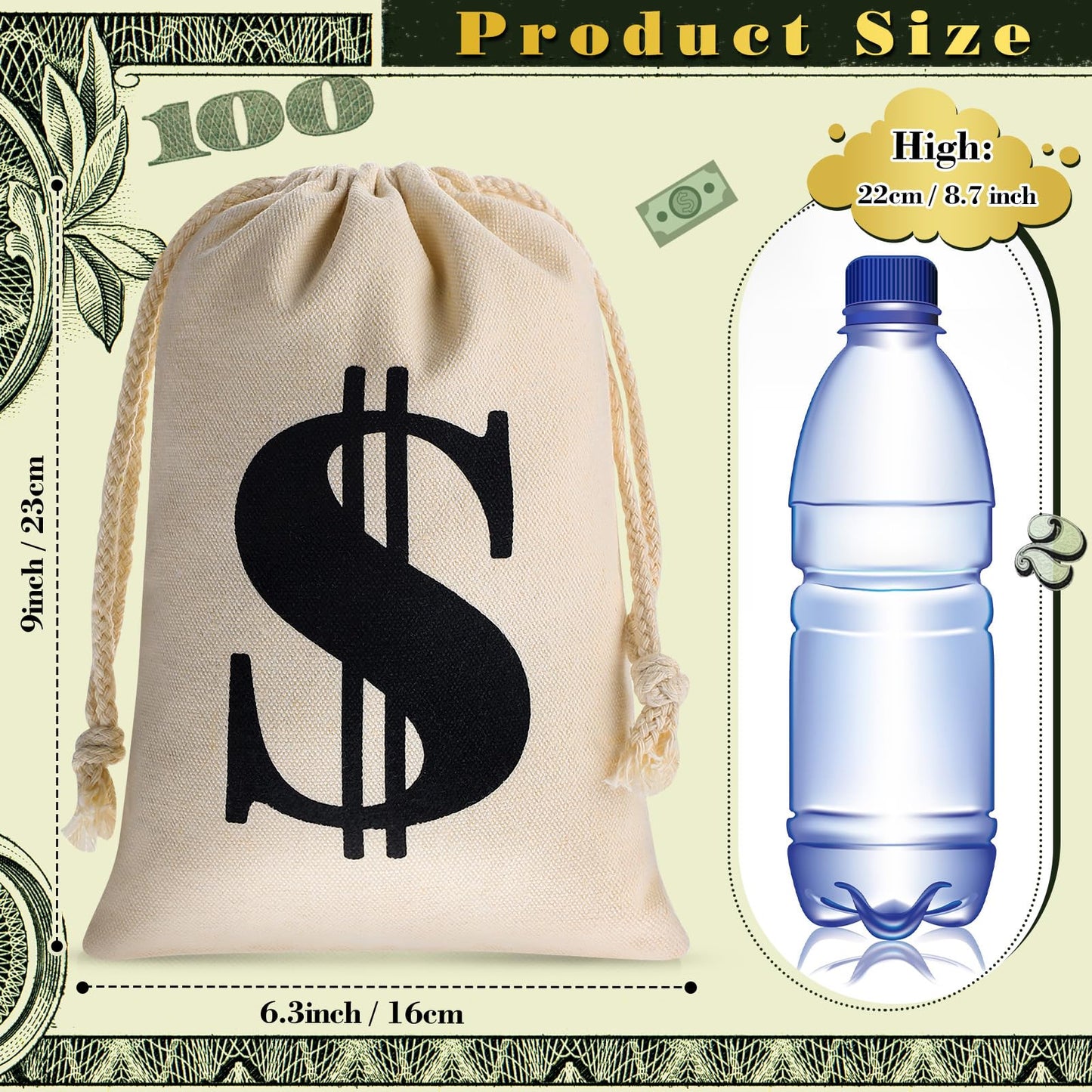 Shihanee 24 Pcs 9 x 6.3 Inch Canvas Money Bag with Drawstring Closure Costume Money Bag Pouch Dollar Sign Carrying Sack Prop for Party favor Bank Robber Pirate Cowboy Cosplay Theme Party (Beige,Black)