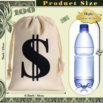 Shihanee 24 Pcs 9 x 6.3 Inch Canvas Money Bag with Drawstring Closure Costume Money Bag Pouch Dollar Sign Carrying Sack Prop for Party favor Bank Robber Pirate Cowboy Cosplay Theme Party (Beige,Black)