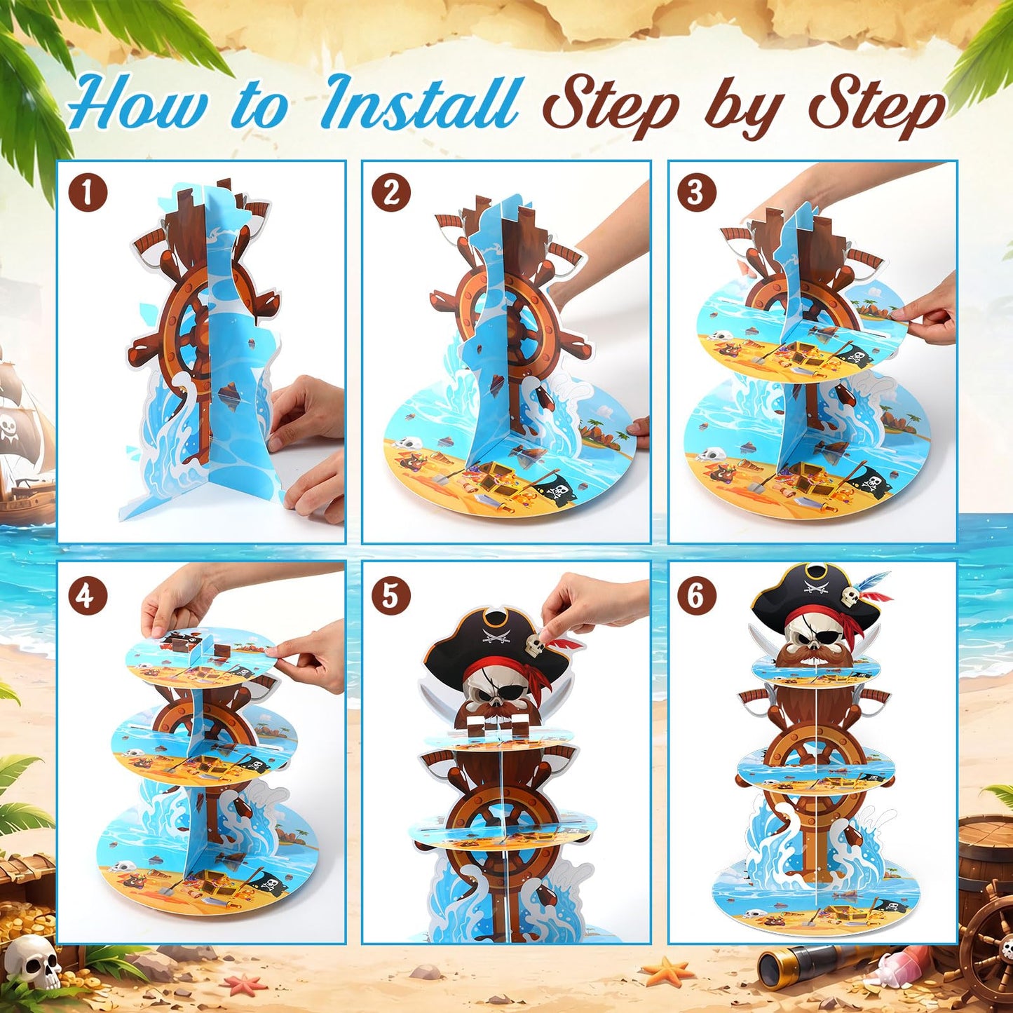 Widecook 3 Tier Pirate Cupcake Stand Decoration Nautical Sailing Skull Cap Cupcake Tower Pirate Table Decoration Treasure Dessert Holder Table Display for Birthday Halloween Nautical Party Decor