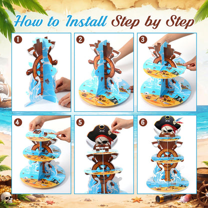 Widecook 3 Tier Pirate Cupcake Stand Decoration Nautical Sailing Skull Cap Cupcake Tower Pirate Table Decoration Treasure Dessert Holder Table Display for Birthday Halloween Nautical Party Decor