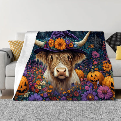 Tijuboni Halloween Highland Cow Pumpkin Throw Blanket for Girls Boys Women Men Kids Adults Soft Flannel Fleece Blanket for Couch Sofa Bed Home Decor 40"x50"