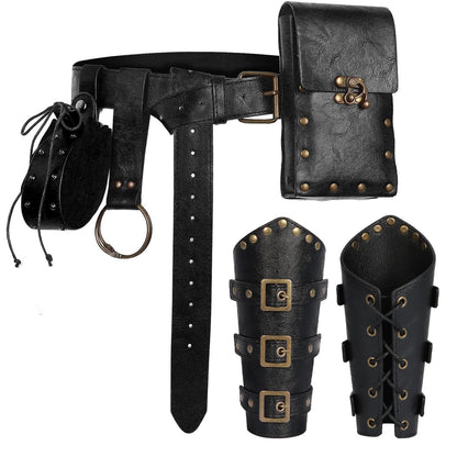 Renaissance Belt Pouch Set Medieval Viking Pirate Leather Belt Pouch & Bracers, Festival Accessories for Halloween (Black)