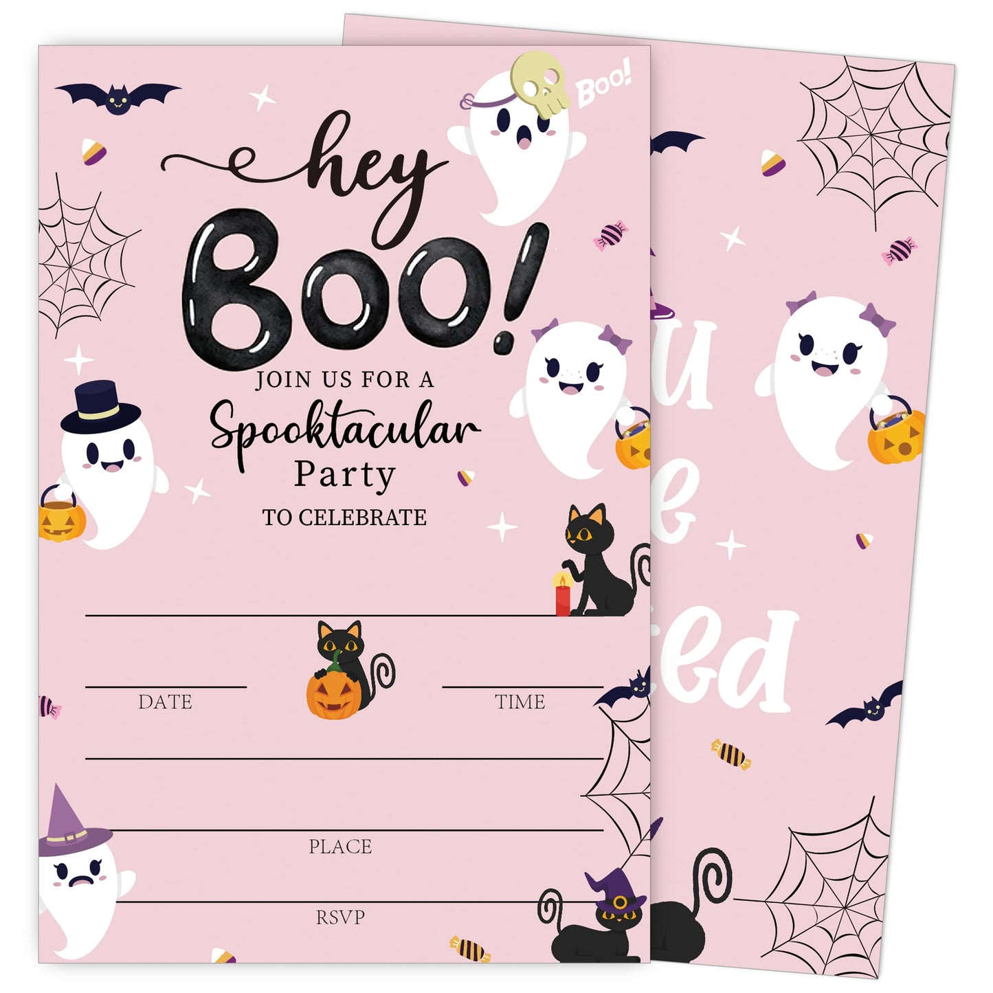 SIXEIGHT Pink Hey Boo Halloween Party Invitations, Cute Ghost Cat Halloween Invitations for Boys Girls, 25 Pack Pink Invite Cards with Envelopes, Wedding Birthday Baby Shower Party Decorations-E05