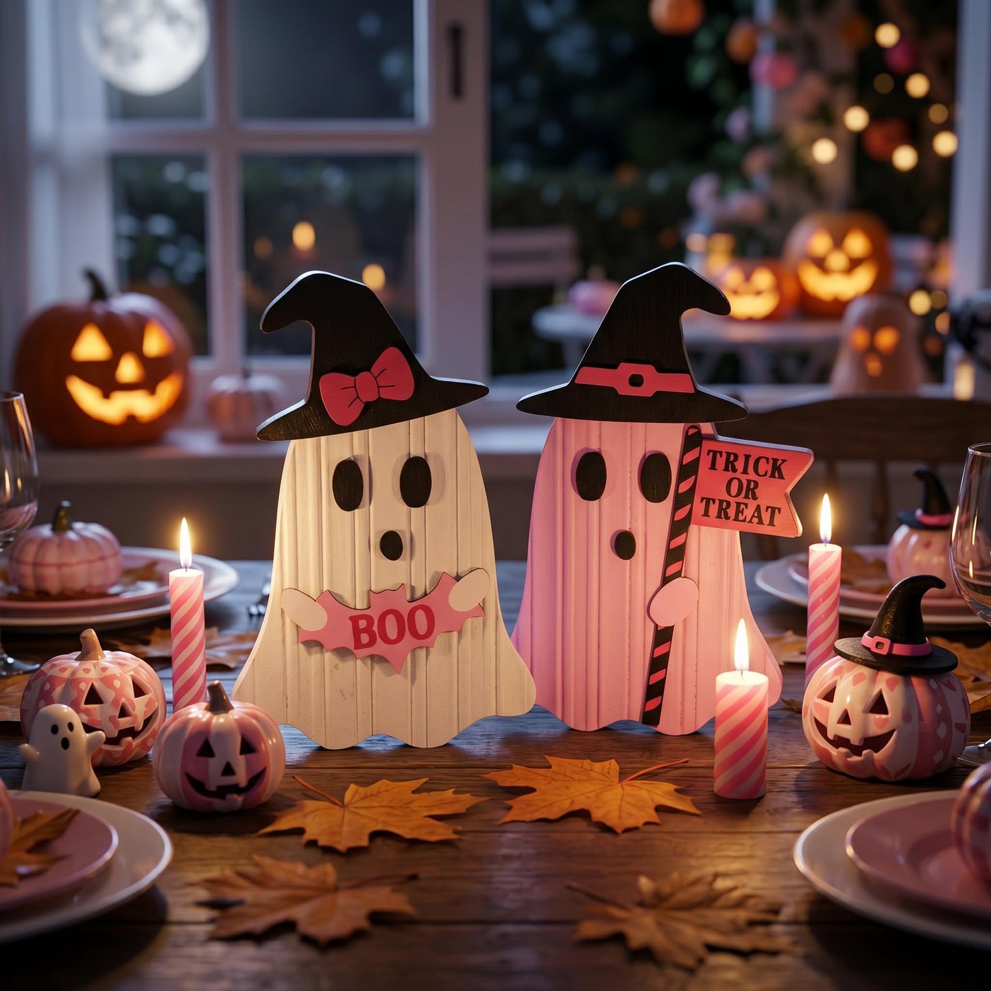 Valery Madelyn Pink Halloween Decorations, Set of 2 Cute Halloween Ghost Decor, Witch Hat Boo & Trick or Treat Wooden Tabletop Signs for Home, Shelf, Tiered Tray Party Display, 5 Inch